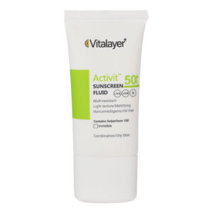فلوئید ضدآفتاب بی‌رنگ ویتالیر SPF50 مدل Activit، مناسب پوست‌های مختلط و چرب، حجم 50 میلی‌لیتر